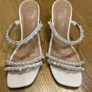 Pearl Strappy White Block Heels